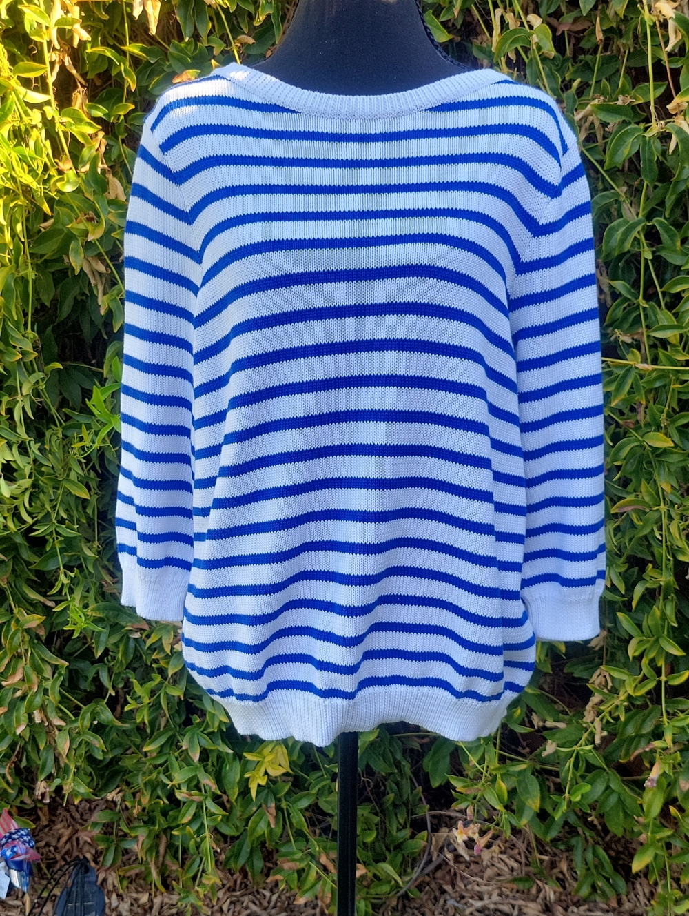 Lauren Ralph Lauren White and Blue Striped 100% Mercerized Cotton Sweater